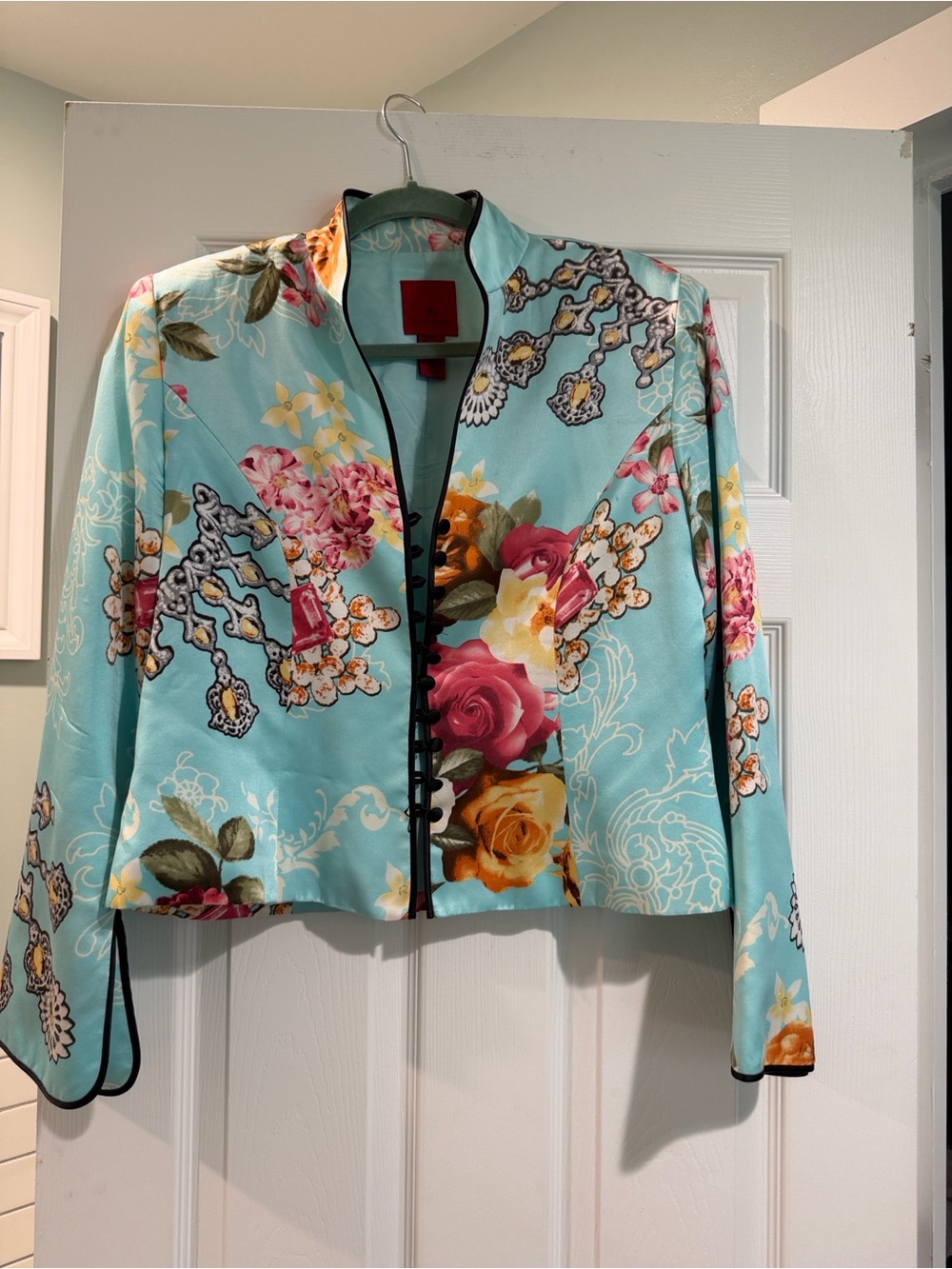 JS Collections Turquoise Floral Silk Cropped Jacket with Black Trim
